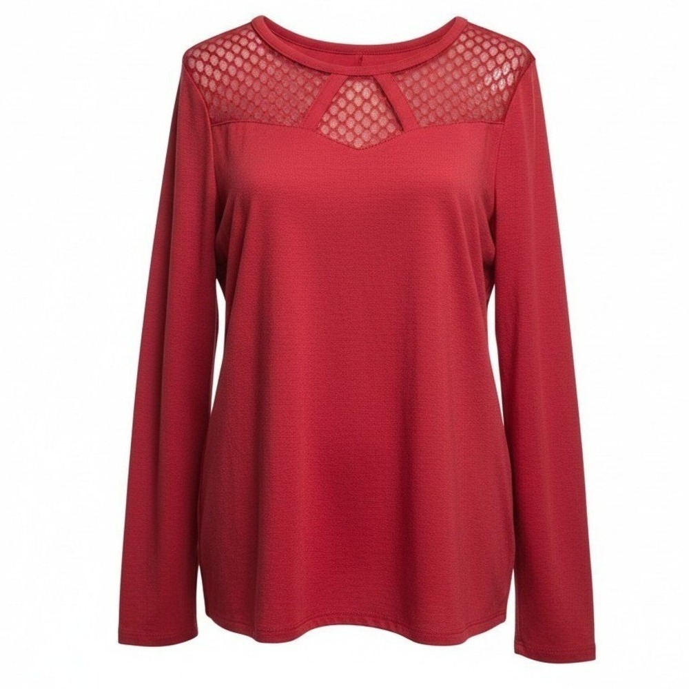 Lane Bryant Women Red Mesh Yoke Cutout Long Sleeve‎ Top Rayon Blend Plus 18/20